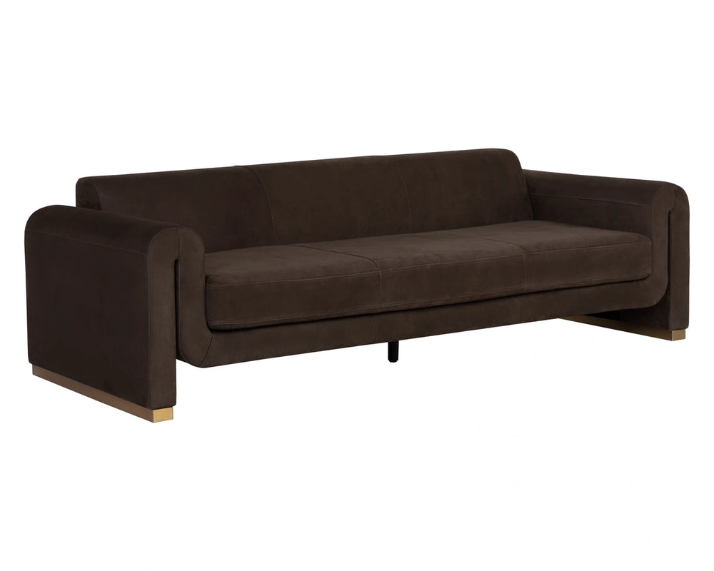 Sunpan Romer Three Seat Sofa in Genuine Nubuck Leather with Brushed Gold Steel Legs 113023