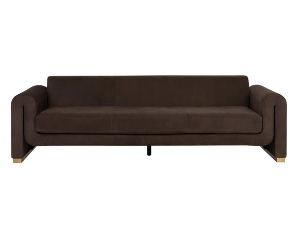 Sunpan Romer Three Seat Sofa in Genuine Nubuck Leather with Brushed Gold Steel Legs 113023