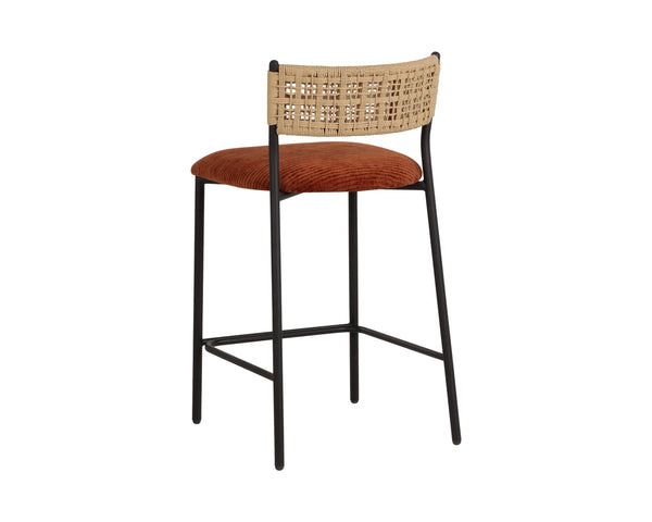 Sunpan Ernesta Counter Stool Woven Rope Back Iron Frame Artisan Bohemian Kitchen Seating Orange 113075