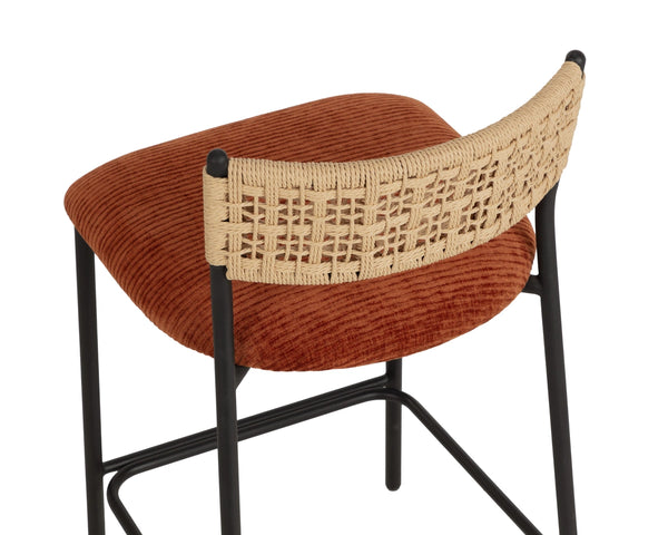 Sunpan Ernesta Counter Stool Woven Rope Back Iron Frame Artisan Bohemian Kitchen Seating Orange 113075