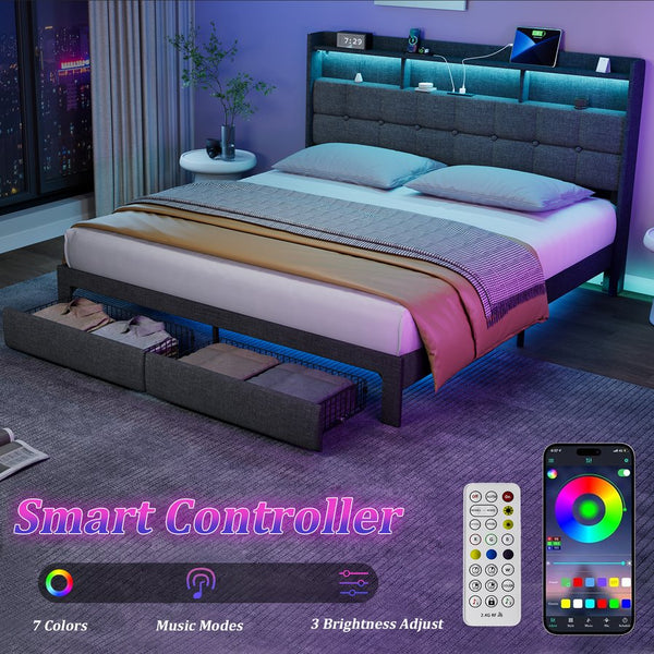 English Elm King LED Linen Platform Bed with Headboard Storage, 2 Drawers, Fast Charging & Mood Lights W1550P190363