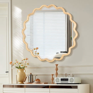 English Elm Solid Wood Wavy Mirror - 42" X 42" Natural Vanity Art Decor For Bathroom, Living Room & Entryway W1445P189555-GIGA
