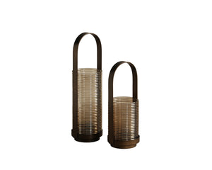 Sunpan Matara Ribbed Smoked Glass Hurricane Lanterns Artisan Set for Mantel or Dining Table 113127
