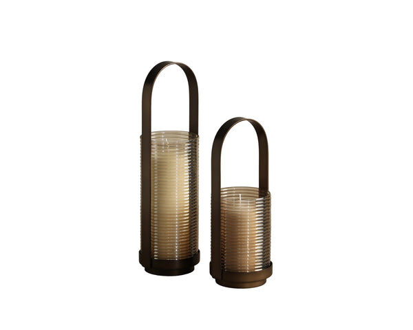 Sunpan Matara Ribbed Smoked Glass Hurricane Lanterns Artisan Set for Mantel or Dining Table 113127