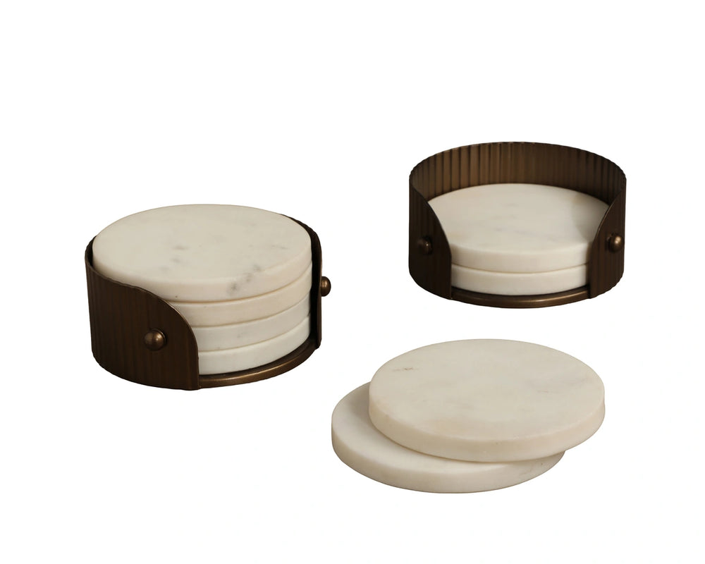 Sunpan California Honed Marble Coaster Set with Fluted Iron Caddy Artisan Crafted for Elegant Homes White 113133