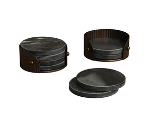 Sunpan California Honed Marble Coaster Set with Fluted Iron Caddy Artisan Crafted for Elegant Homes Black 113134