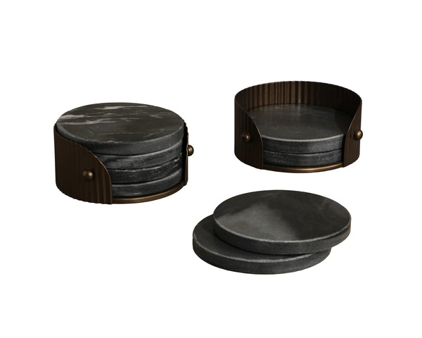 Sunpan California Honed Marble Coaster Set with Fluted Iron Caddy Artisan Crafted for Elegant Homes Black 113134