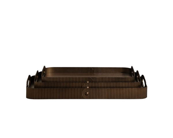 Sunpan Sumatra Handcrafted Walnut Wood Nesting Tray Set with Fluted Iron Border Trim 113140