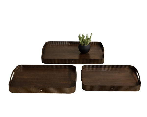 Sunpan Sumatra Handcrafted Walnut Wood Nesting Tray Set with Fluted Iron Border Trim 113140