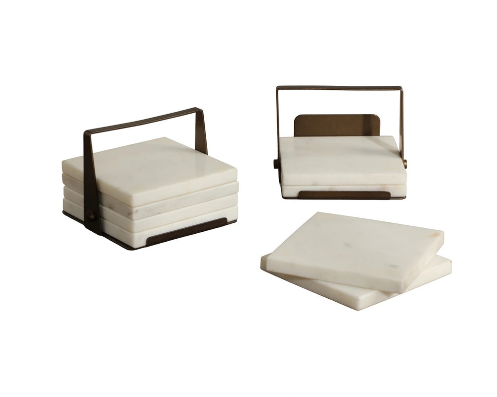 Sunpan Florida Solid Marble Coaster Set with Metal Holder Artisan Handcrafted for Bar or Table 113144
