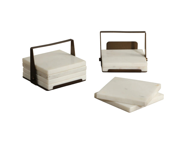 Sunpan Florida Solid Marble Coaster Set with Metal Holder Artisan Handcrafted for Bar or Table 113144