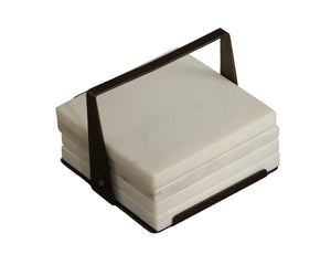 Sunpan Florida Solid Marble Coaster Set with Metal Holder Artisan Handcrafted for Bar or Table 113144