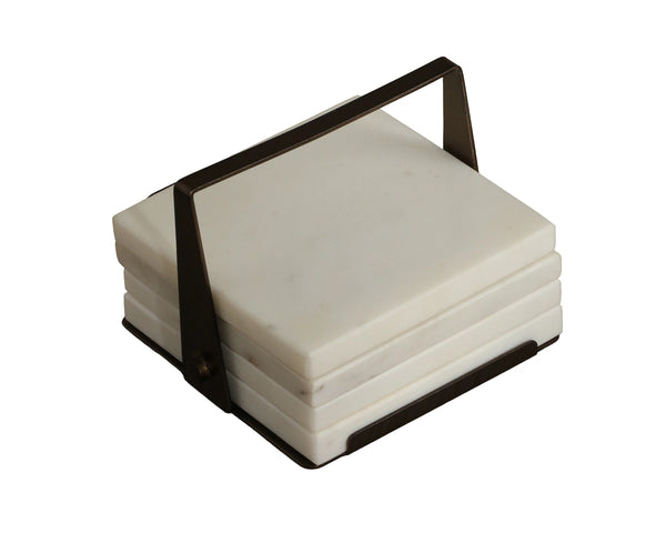 Sunpan Florida Solid Marble Coaster Set with Metal Holder Artisan Handcrafted for Bar or Table 113144