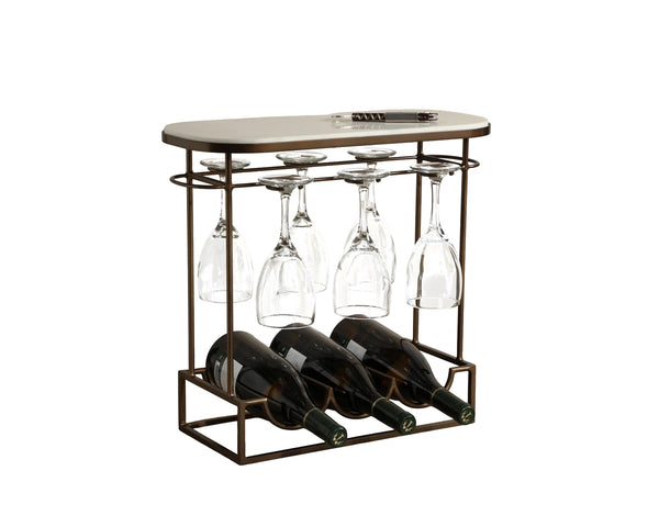 Sunpan Lodi Marble Top Iron Wine Rack Holding 3 Bottles with Stemware Storage 113151
