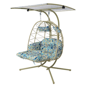 English Elm 2-person Outdoor Wicker Egg Chair Hanging Swing with Canopy Stand and Cushions Cyan T5880P502254