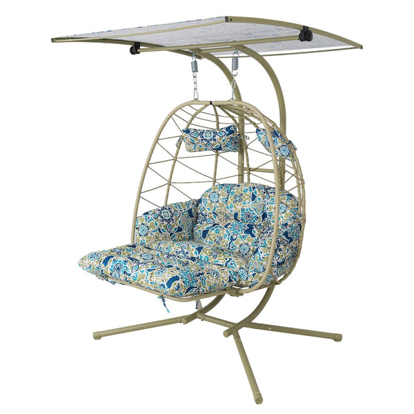 English Elm 2-person Outdoor Wicker Egg Chair Hanging Swing with Canopy Stand and Cushions Cyan T5880P502254