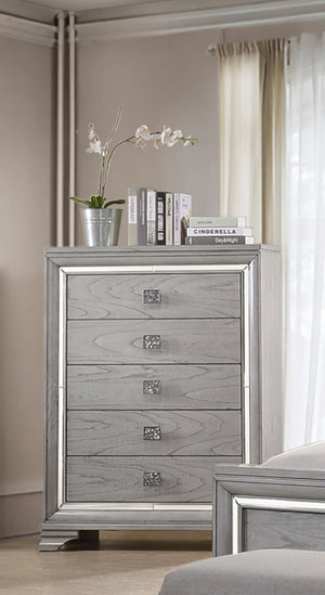 English Elm Contemporary Light Gray Brown 5-Drawer Chest with Mirrored Accents, Faux Crystal Pulls, Glam Bedroom Storage B011P215612