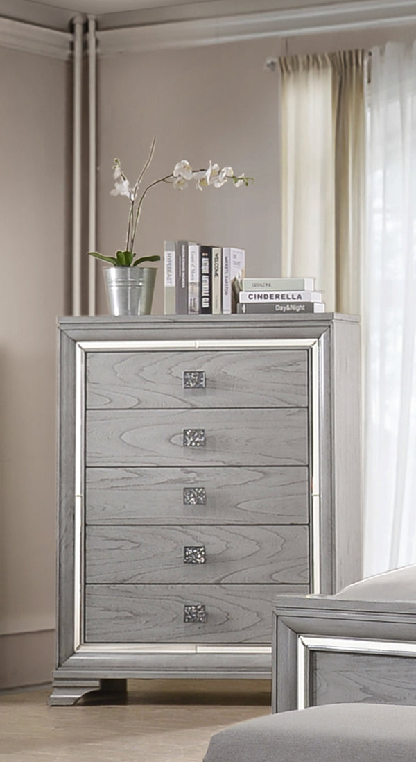 English Elm Contemporary Light Gray Brown 5-Drawer Chest with Mirrored Accents, Faux Crystal Pulls, Glam Bedroom Storage B011P215612