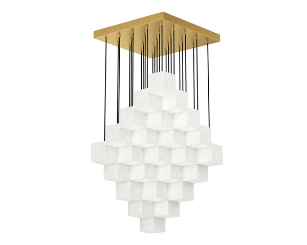 Sunpan Brixel Alabaster Cube Chandelier Brushed Gold Sculptural Light for Grand Entryways 113226