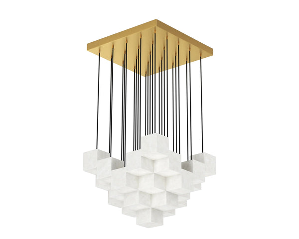 Sunpan Brixel Alabaster Cube Chandelier Brushed Gold Sculptural Light for Grand Entryways 113226