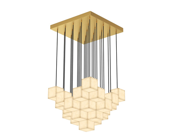 Sunpan Brixel Alabaster Cube Chandelier Brushed Gold Sculptural Light for Grand Entryways 113226