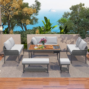 English Elm K&K 6-Piece Rope Patio L-Shaped Sectional Set with Acacia Wood Ice Box Table and Deep Cushions Grey N707S000014G