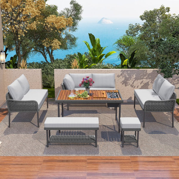 English Elm K&K 6-Piece Rope Patio L-Shaped Sectional Set with Acacia Wood Ice Box Table and Deep Cushions Grey N707S000014G