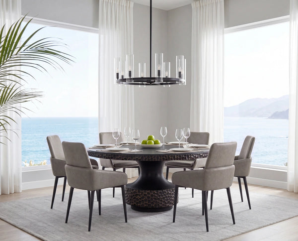 Sunpan Carlo Modern Faux Leather Dining Armchair with Sculpted Arms and Iron Base 113253