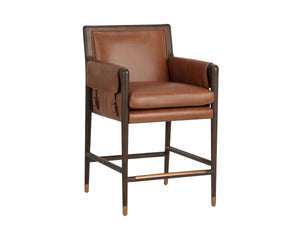 Sunpan Mauti Top Grain Leather Counter Stool Oak Frame Vintage Mid-Century Bar Seating 113276