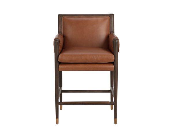 Sunpan Mauti Top Grain Leather Counter Stool Oak Frame Vintage Mid-Century Bar Seating 113276