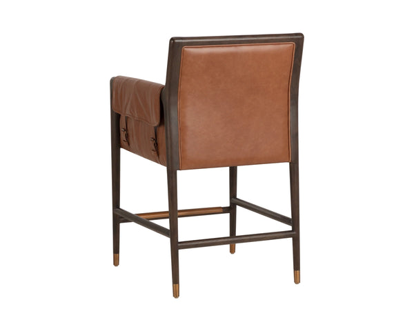 Sunpan Mauti Top Grain Leather Counter Stool Oak Frame Vintage Mid-Century Bar Seating 113276