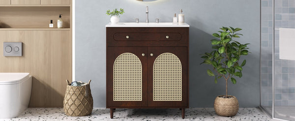 English Elm 30" Rattan Front Bathroom Vanity Solid Pine Cabinet with Ceramic Sink and Adjustable Shelf Walnut N710P293988P