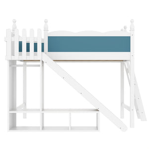 English Elm Twin Loft Bed Solid Pine Frame with Wardrobe Shelving Detachable Slide Kids Room White+Blue W5305S00024