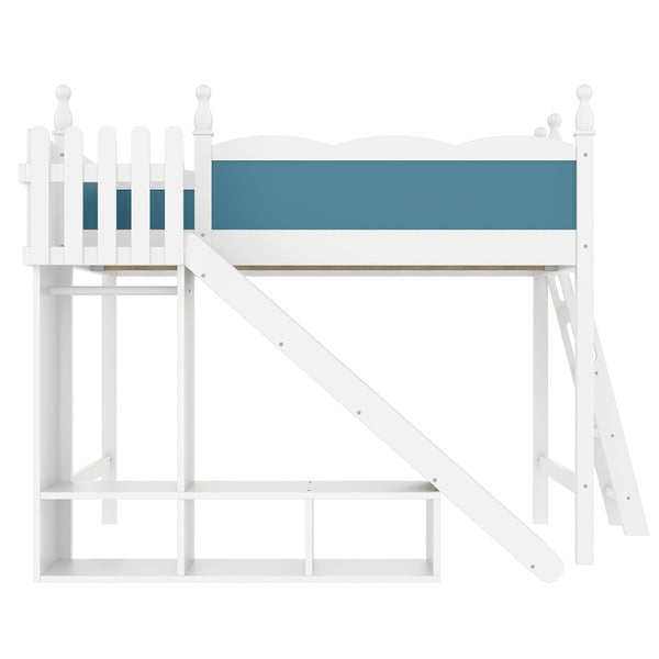 English Elm Twin Loft Bed Solid Pine Frame with Wardrobe Shelving Detachable Slide Kids Room White+Blue W5305S00024