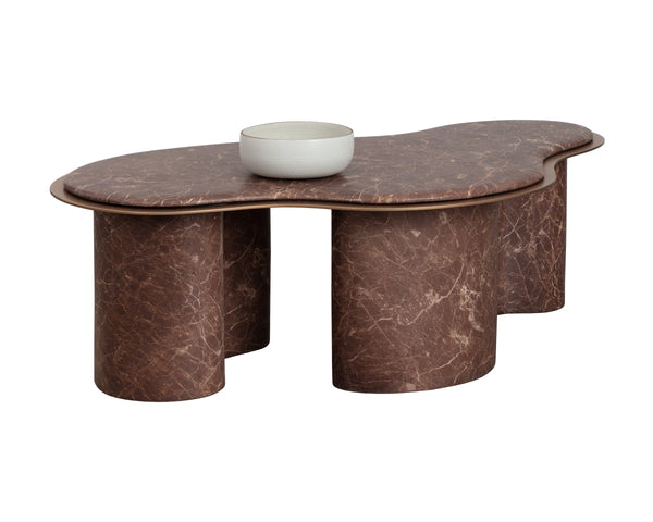 Sunpan Isola Faux Marble Concrete Coffee Table Brushed Metal Border Organic Silhouette 113321