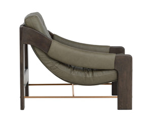 Sunpan RAFFERTY Lounge Chair - Luxurious Dark Olive Leather with Solid Oak Frame and Brushed Gold Accents Green 112678