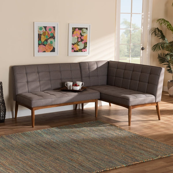Baxton Studio Baxton Studio Sanford Mid-Century Modern Grey Upholstered Dining Nook Banquette Set for Small Spaces BBT8051.11-Grey/Walnut-2PC SF Bench