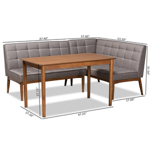 Baxton Studio Baxton Studio Sanford Mid-Century Modern 3-Piece Grey Upholstered Dining Nook Set for Small Spaces BBT8051.11-Grey/Walnut-3PC Dining Nook Set