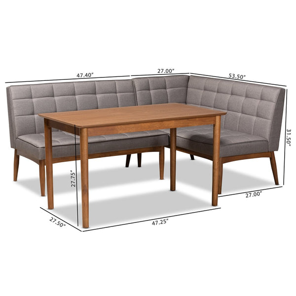 Baxton Studio Baxton Studio Sanford Mid-Century Modern 3-Piece Grey Upholstered Dining Nook Set for Small Spaces BBT8051.11-Grey/Walnut-3PC Dining Nook Set