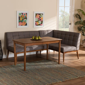 Baxton Studio Baxton Studio Sanford Mid-Century Modern 3-Piece Grey Upholstered Dining Nook Set for Small Spaces BBT8051.11-Grey/Walnut-3PC Dining Nook Set