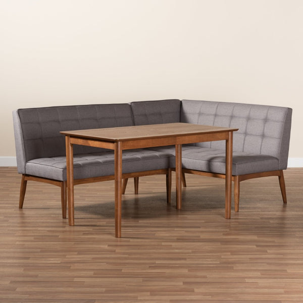 Baxton Studio Baxton Studio Sanford Mid-Century Modern 3-Piece Grey Upholstered Dining Nook Set for Small Spaces BBT8051.11-Grey/Walnut-3PC Dining Nook Set