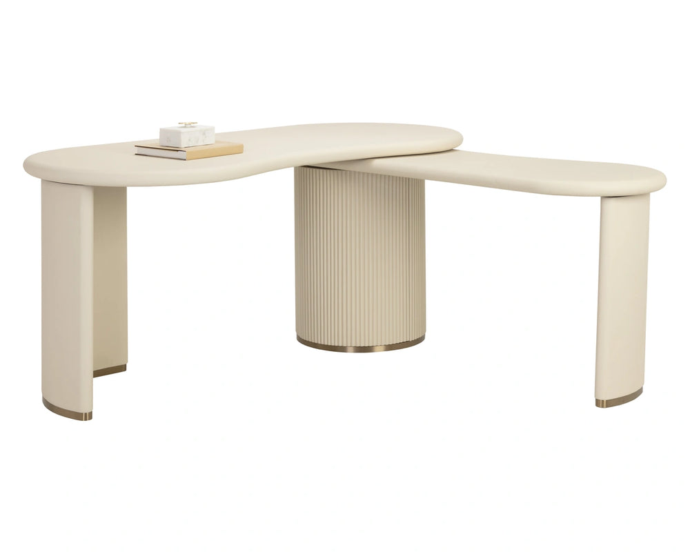 Sunpan Mariposa Executive Desk with Rotating Work Surface Faux Leather and Brushed Gold Trim 113411
