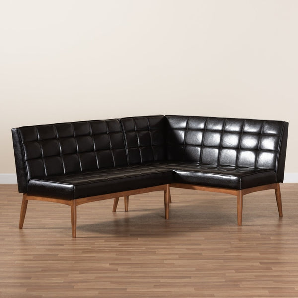 Baxton Studio Baxton Studio Sanford Mid-Century Modern Banquette Set - Stylish Dark Brown Faux Leather & Walnut Finish BBT8051.11-Dark Brown/Walnut-2PC SF Bench