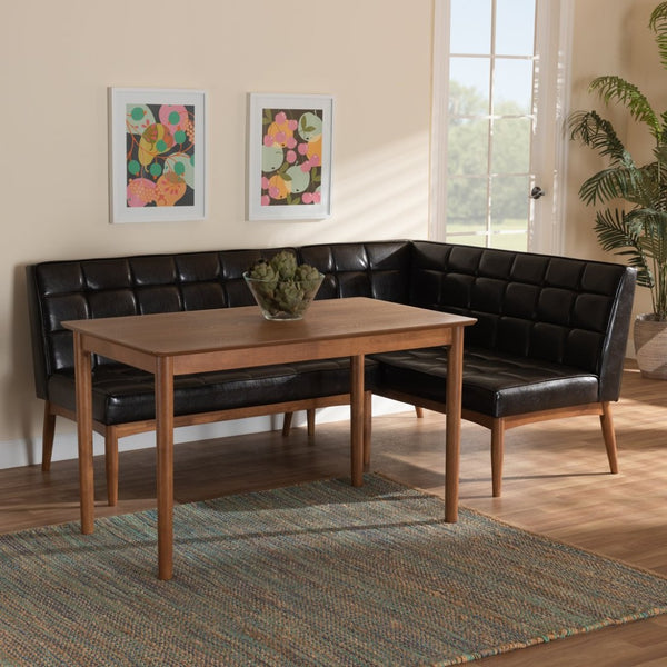 Baxton Studio Baxton Studio Mid-Century Modern 5-Piece Dining Nook Set with Dark Brown Upholstered Seating Sanford 3-Piece BBT8051.11-Dark Brown/Walnut-3PC Dining Nook Set
