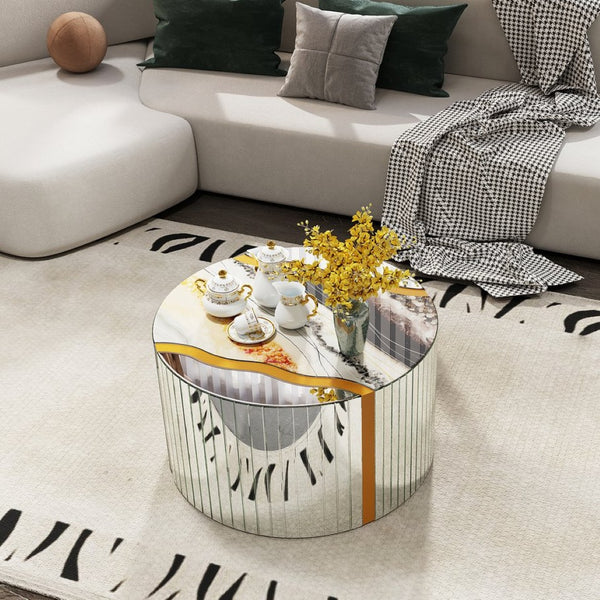 English Elm Black Round Mirrored Glass Coffee Table Gold Sunburst Glam Accent for Living Room Silver W3836P382448