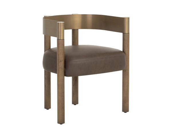 Sunpan Manolo Dining Armchair Faux Leather Seat Brass Steel Arc Wood Frame Modern 113441