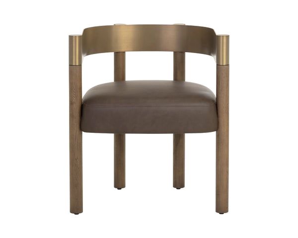 Sunpan Manolo Dining Armchair Faux Leather Seat Brass Steel Arc Wood Frame Modern 113441