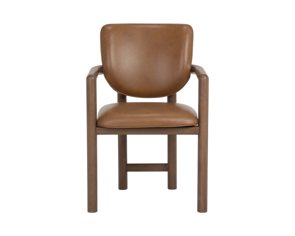 Sunpan Fremont Mid-Century Leather Dining Armchair with Sculpted Wood Frame and Cognac Finish 113454