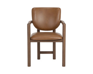 Sunpan Fremont Mid-Century Leather Dining Armchair with Sculpted Wood Frame and Cognac Finish 113454