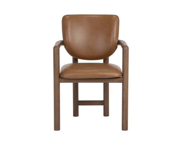 Sunpan Fremont Mid-Century Leather Dining Armchair with Sculpted Wood Frame and Cognac Finish 113454